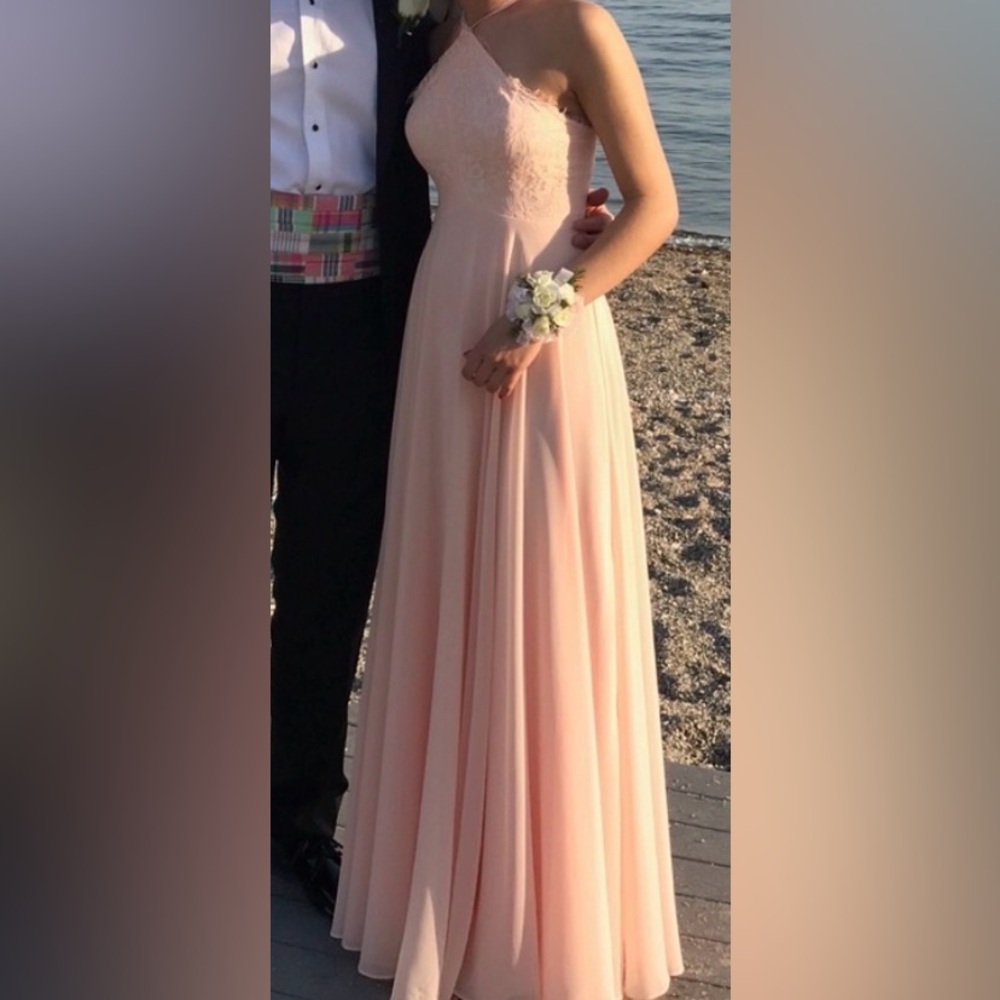 peach pink lace maxi prom dress